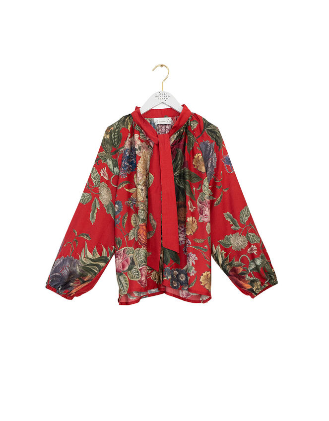 One Hundred Stars Primula Pussybow Blouse, Red (BERRY), large