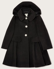 Pocket Detail Pleated Hooded Coat, Black (BLACK), large