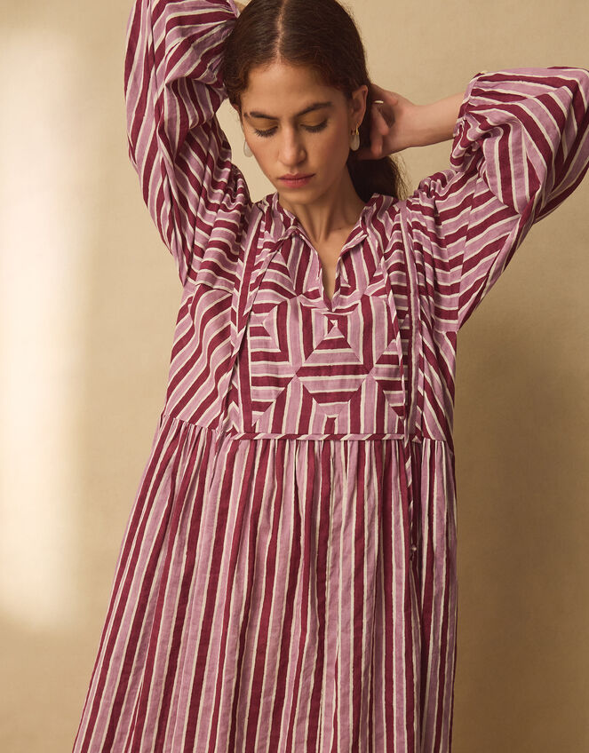 East Vika Hand-Woodblock Stripe Midi Dress, Red (BERRY), large