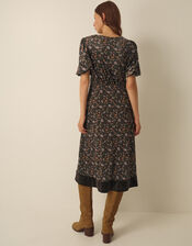 Carly V-Neck Floral Print Velvet Midi Dress, Brown (BROWN), large