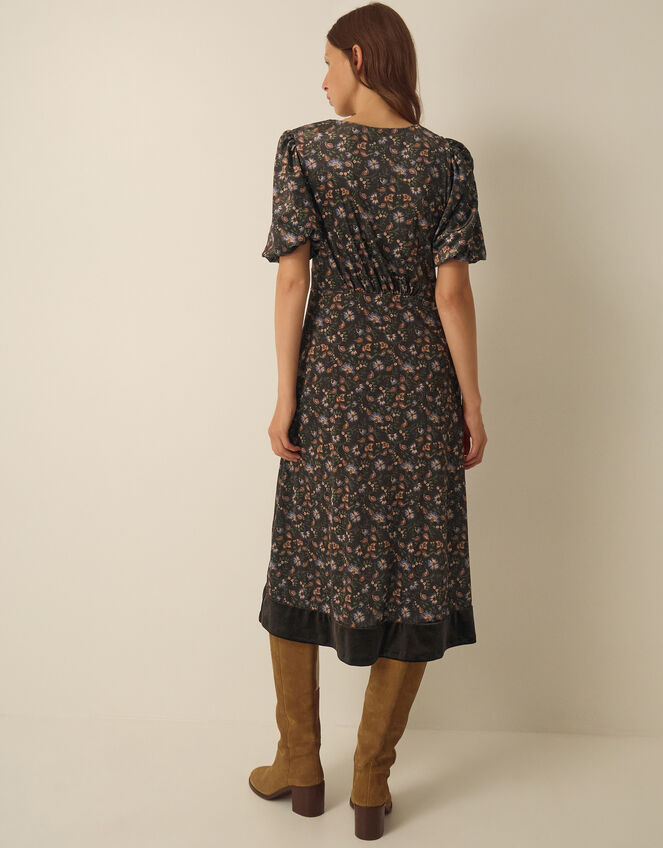 Carly V-Neck Floral Print Velvet Midi Dress, Brown (BROWN), large