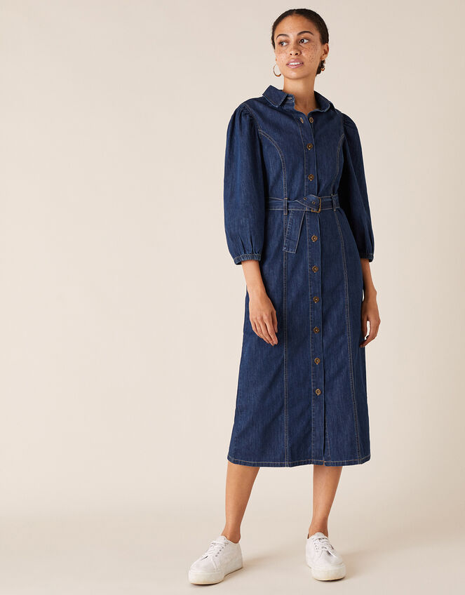 Belted Denim Midi Dress in Organic Cotton, Blue (DENIM BLUE), large