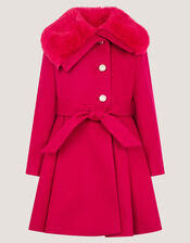 Faux Fur Collar Belted Coat, Red (RED), large