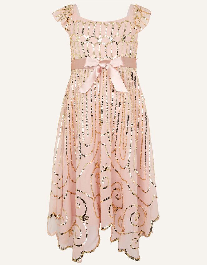 Samara Sequin Scallop Flutter Sleeve Dress, Pink (DUSKY PINK), large