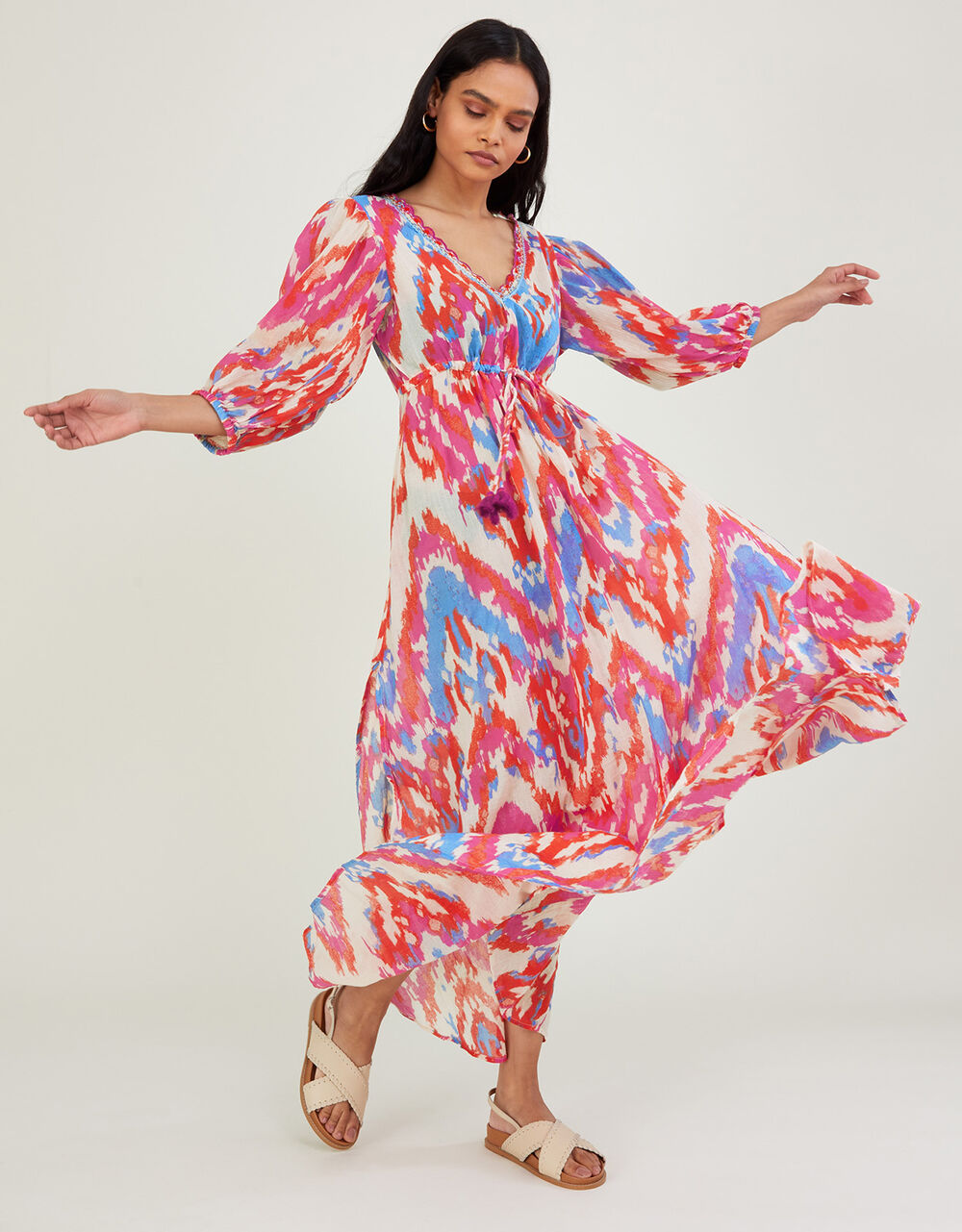 Women Dresses | Ikat Print Maxi Dress in Sustainable Cotton Pink - HD75948