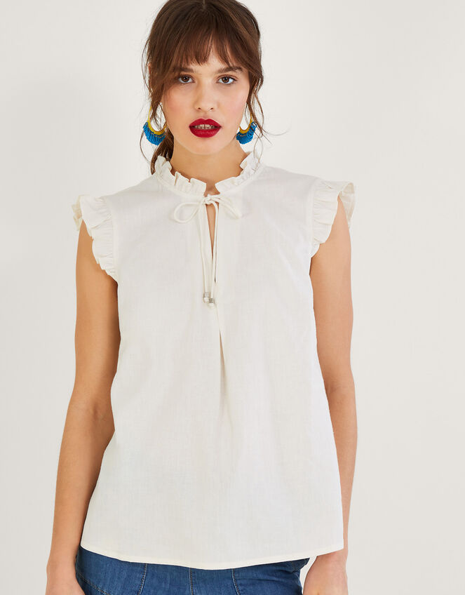 Lydie Frill Tank Top in Linen Blend Ivory Vests, Camisoles And