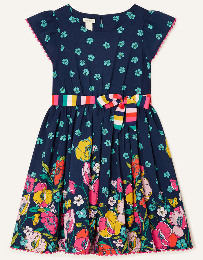 Geo Border Floral Dress , Blue (NAVY), large