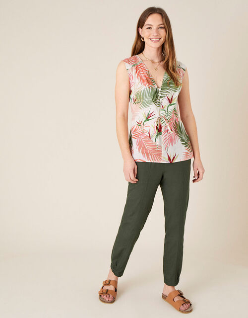 Palm Print Top in Pure Cotton, Natural (STONE), large