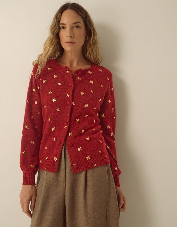 Fee Foil Bow Crew Neck Cardigan, Red (BURGUNDY), large