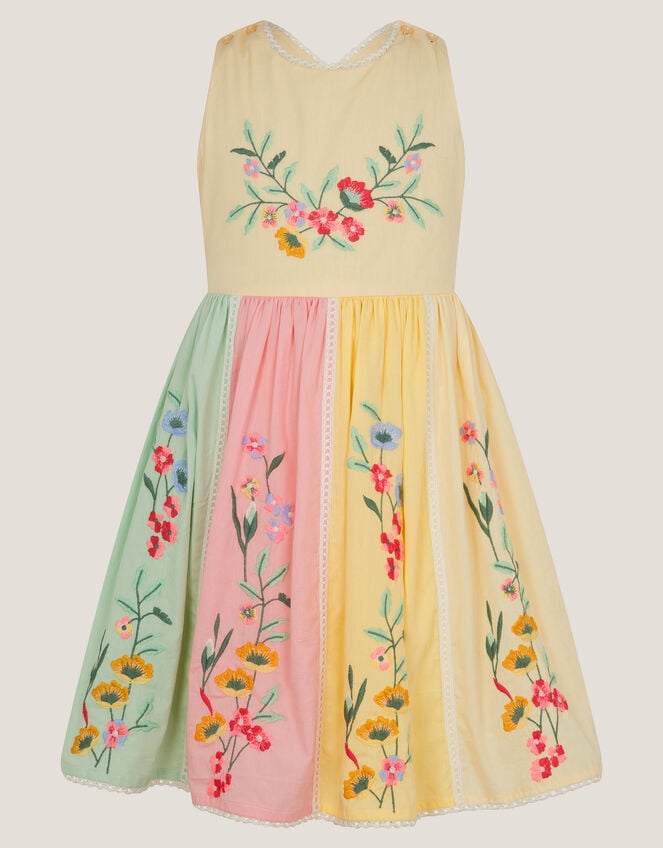 Camellia Floral Embroidered Cross Back Dress, Yellow (YELLOW), large