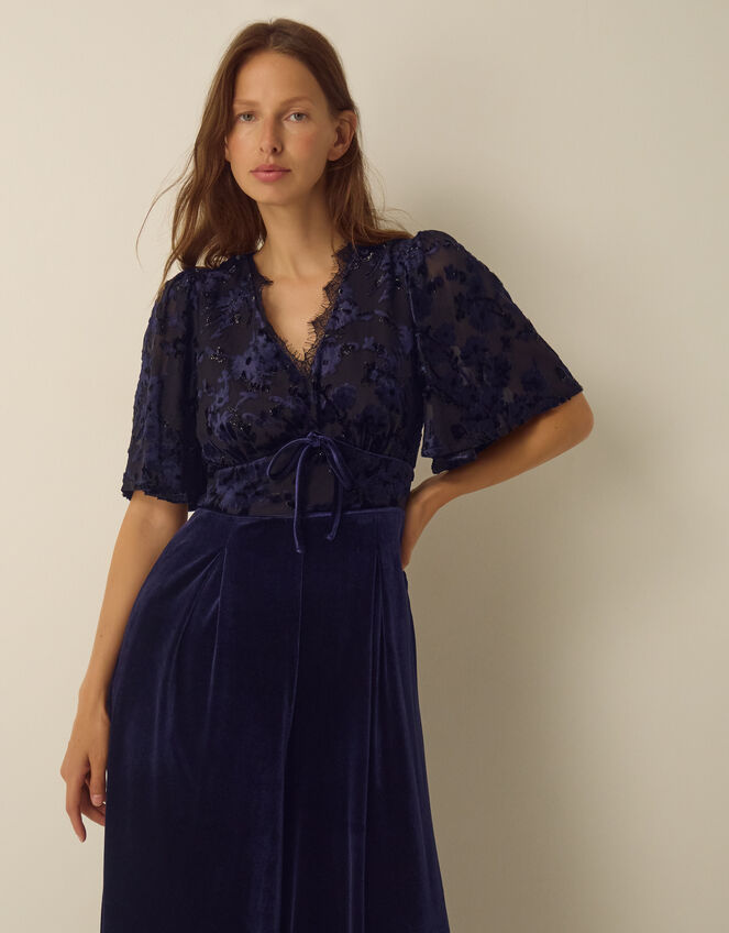 Nadine Floral Devor&eacute; Velvet Jumpsuit, Blue (NAVY), large