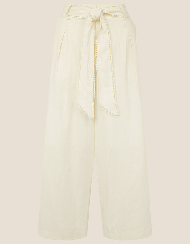 Scallop Crop Trousers in Linen Blend , White (WHITE), large