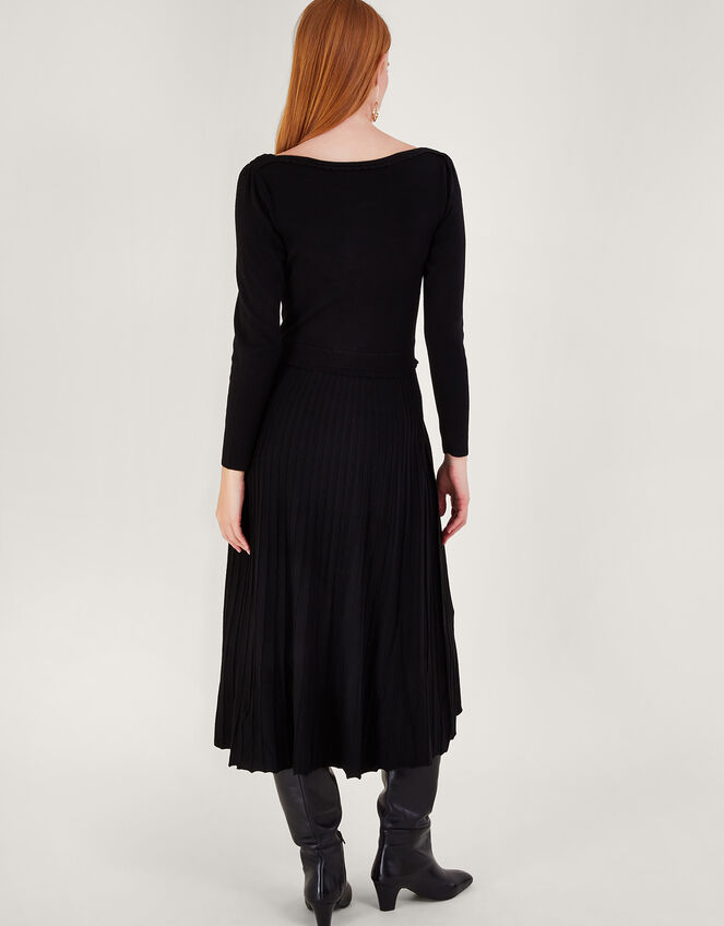 Pleat Trim Slash Neck Midi Dress with Lenzing™ Ecovero™ , Black (BLACK), large