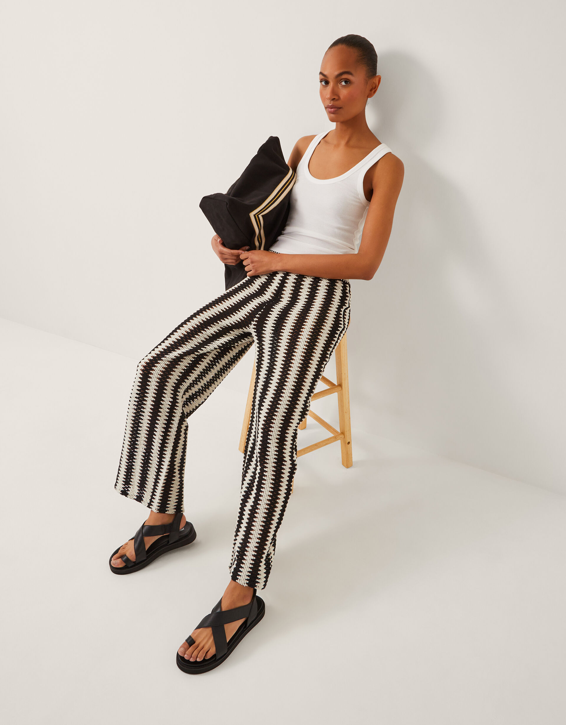 Cleo Crochet Stripe Wide Leg Trousers Black