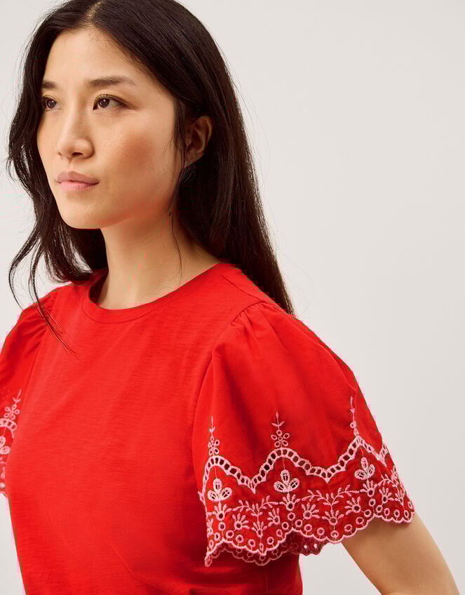 Bree Broderie Sleeve Jersey T-Shirt, Red (RED), large