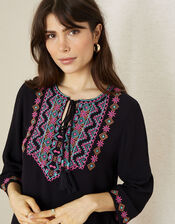 Embroidered Yoke Kaftan Dress, Black (BLACK), large