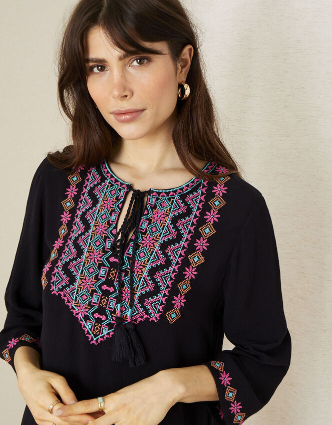 Embroidered Yoke Kaftan Dress, Black (BLACK), large