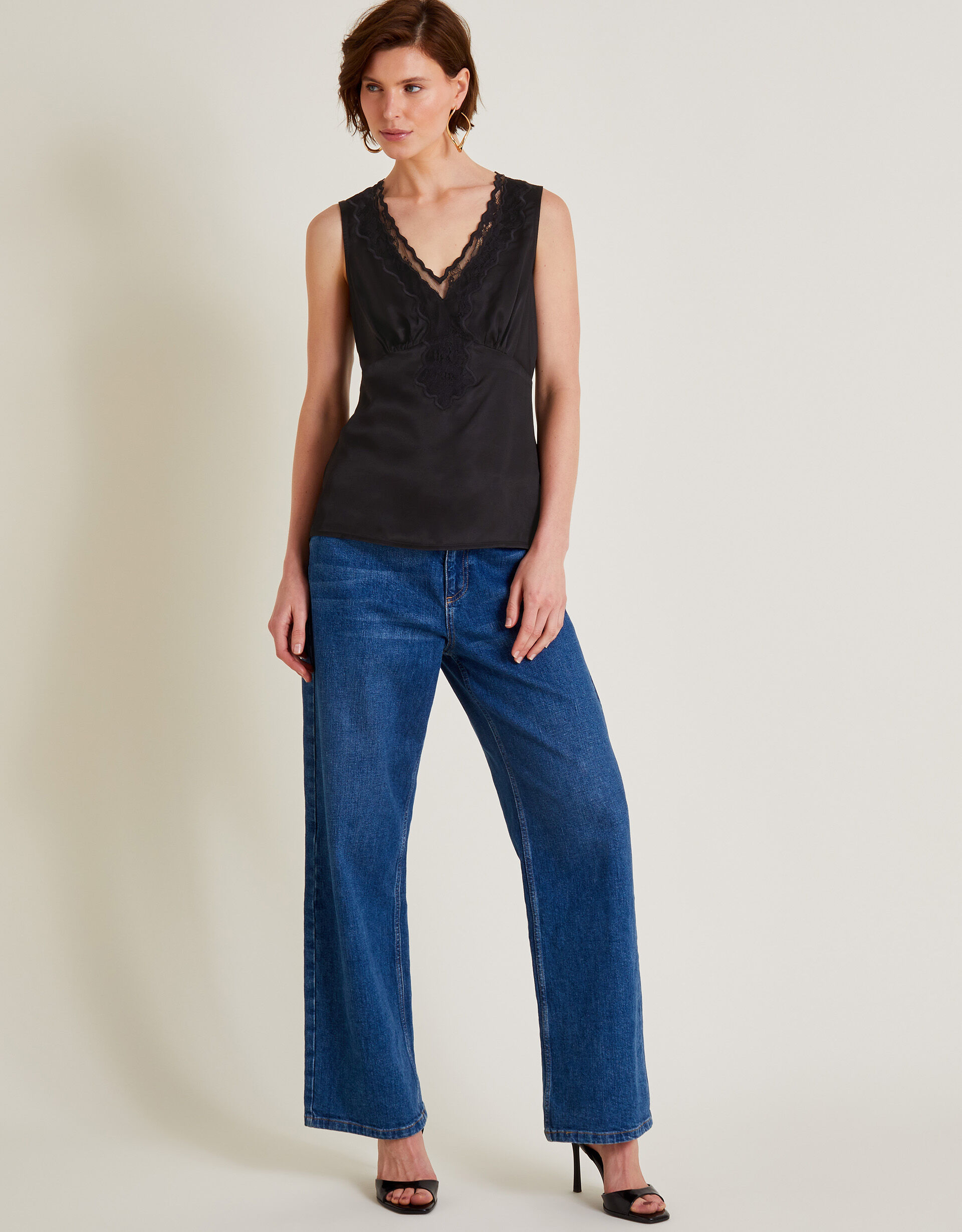 Carly Satin Lace Cami Top Black