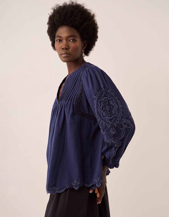 East Pavlina Embroidered Cotton Top, Blue (NAVY), large