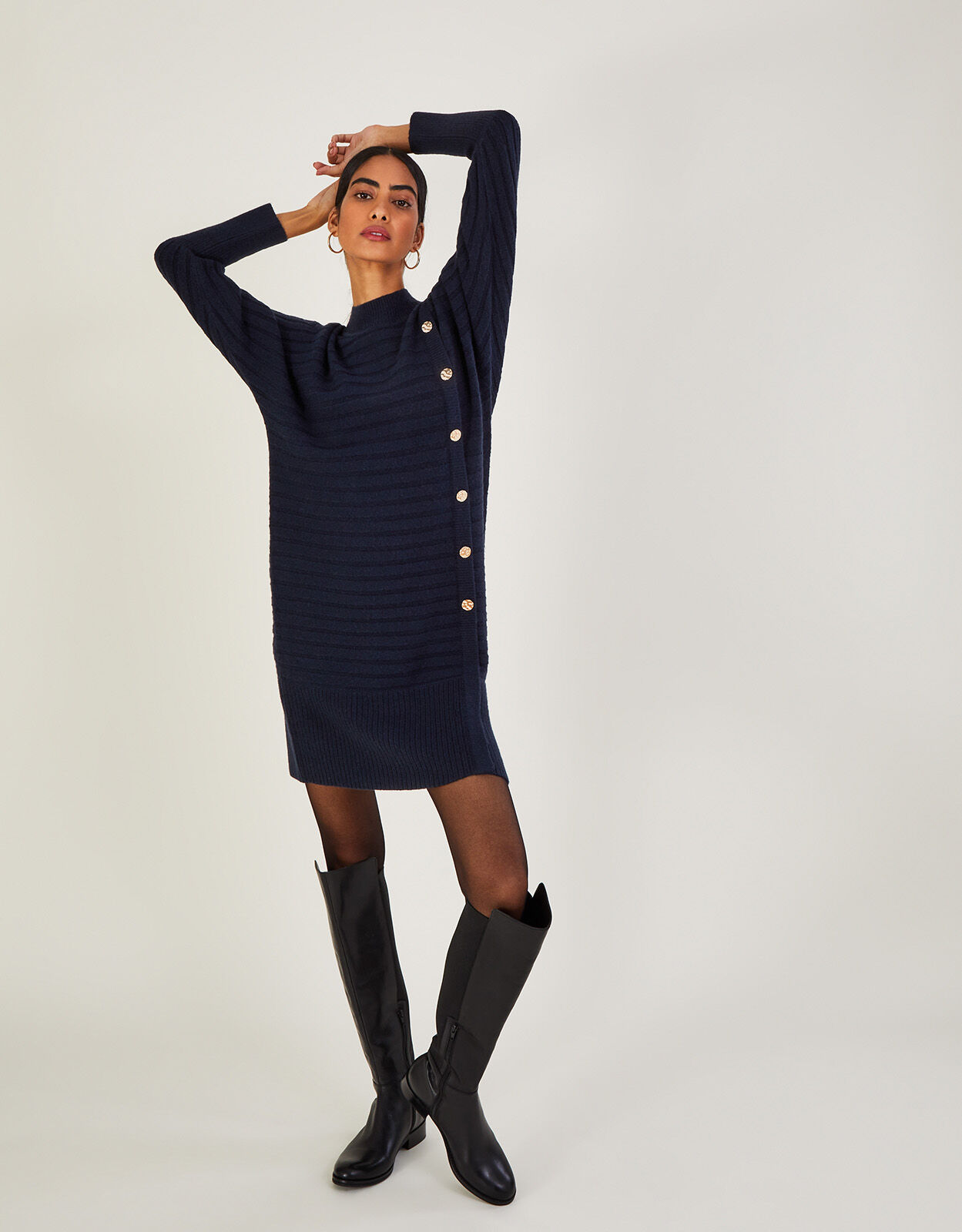 Cotton Striped Ribbed Knit Dress navy 新品 新品】Cotton Striped Ribbed Knit Dress