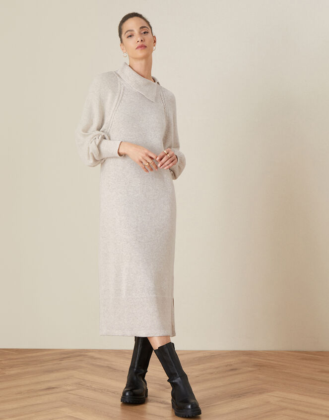 Plain Split Neck Dress, Camel (OATMEAL), large