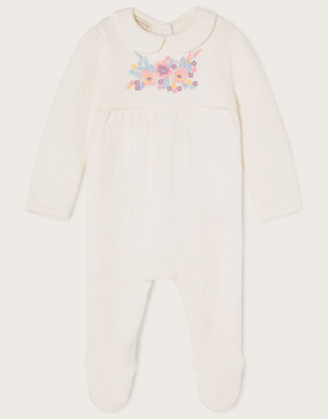 Newborn Embroidered Quilted Sleepsuit, Ivory (IVORY), large