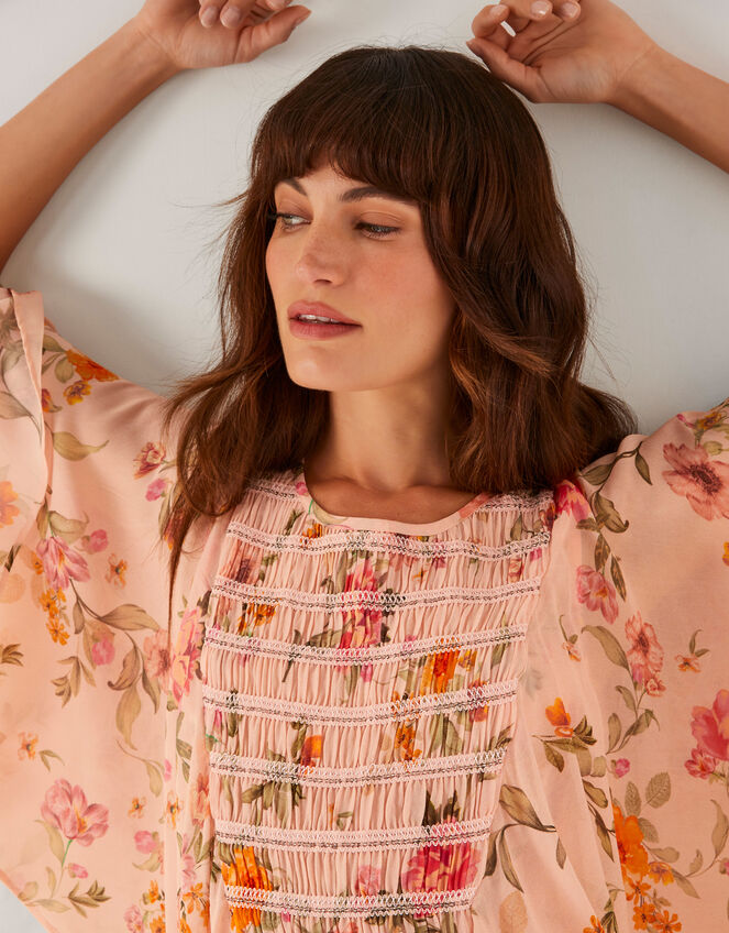 Cassia Shirred Floral Print Blouse, Nude (NUDE), large