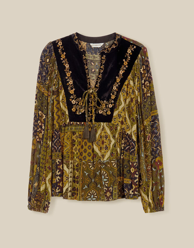 Laoise Floral Patchwork Top, Green (KHAKI), large