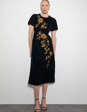Kendra Embroidered Floral Velvet Midi Dress, Black (BLACK), large