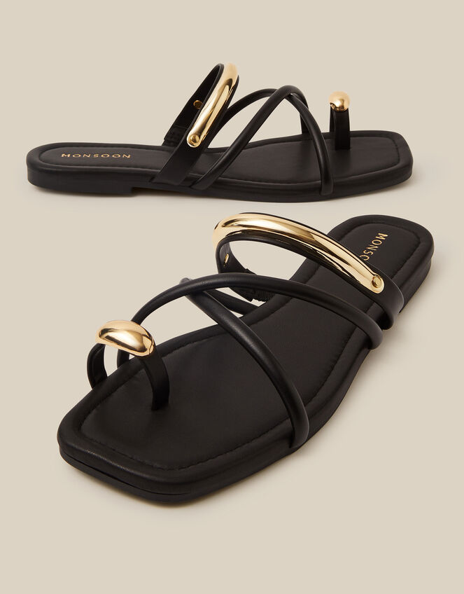 Metal Detail Toe Strap Sandals, Black (BLACK), large