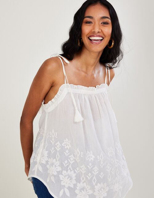 Embroidered Cami Top in Sustainable Cotton, White (WHITE), large