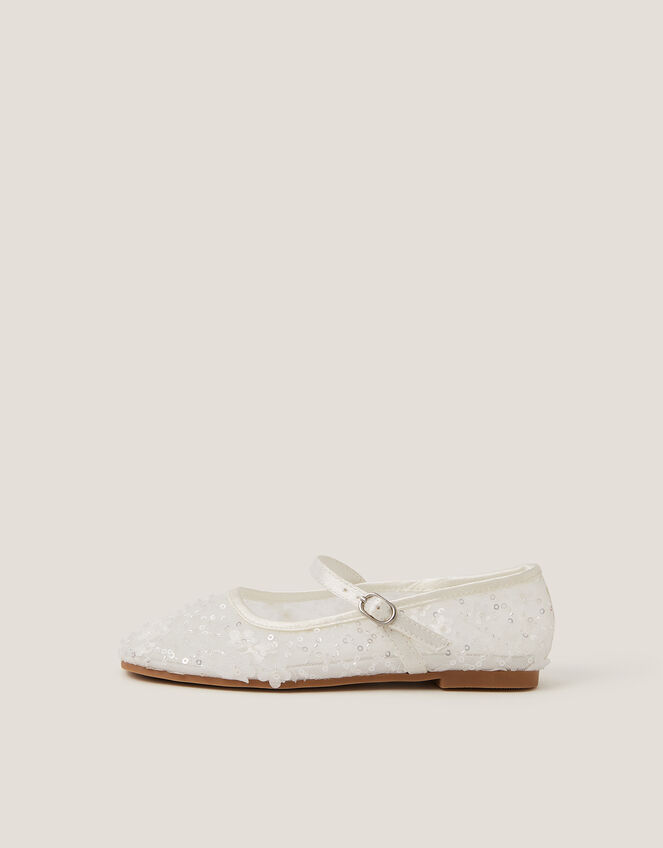 Flower Sparkle Mesh Ballet Flats, Ivory (IVORY), large