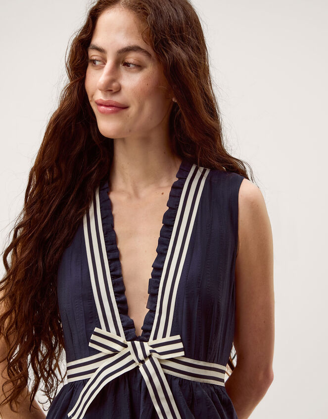 Cece V-Neck Stripe Bow Midi Dress Blue