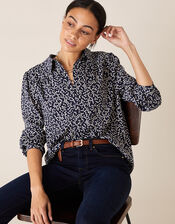 Square Spot Satin Blouse, Blue (NAVY), large