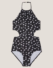 Daisy Cut-Out Halter Swimsuit, Black (BLACK), large
