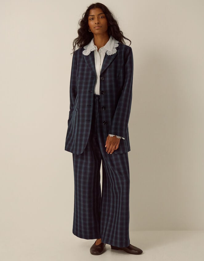 Fern High Waisted Check Wide Leg Trousers, Blue (BLUE), large