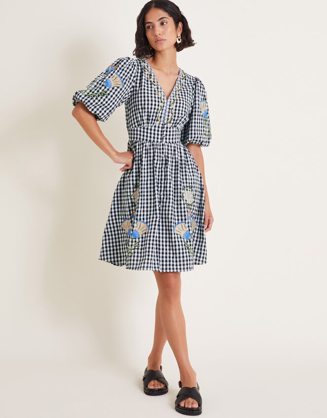 Bria Embroidered Gingham Mini Dress, Black (BLACK), large