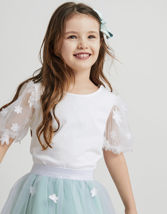 Layla Tulle Sleeve 3D Floral Top, Ivory (IVORY), large
