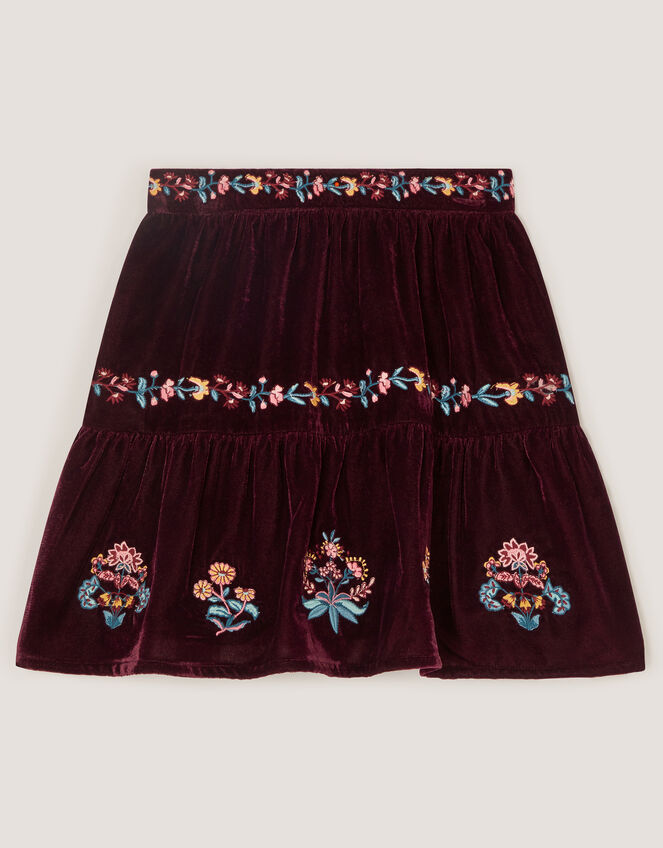 Floral Embroidered Velour Skirt, Red (BURGUNDY), large