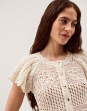 Indi Short Sleeve Floral Pointelle Cardigan, Ivory (IVORY), large