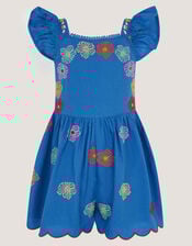 Floral Embroidered Scallop Trim Playsuit, Blue (BLUE), large