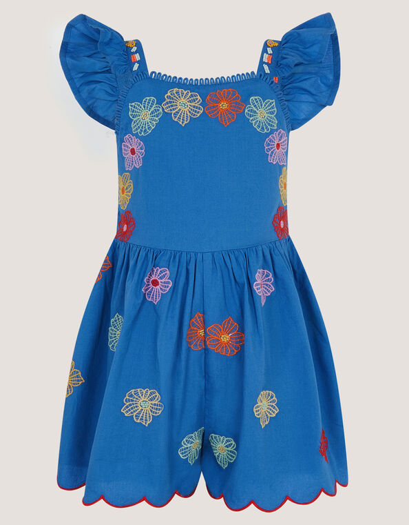 Floral Embroidered Scallop Playsuit, Blue (BLUE), large