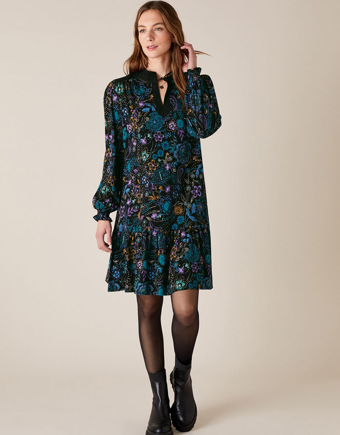 Floral Print Short Dress, Black (BLACK), large