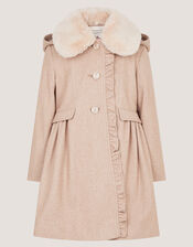 Faux Fur Collar Frill Coat, Camel (OATMEAL), large