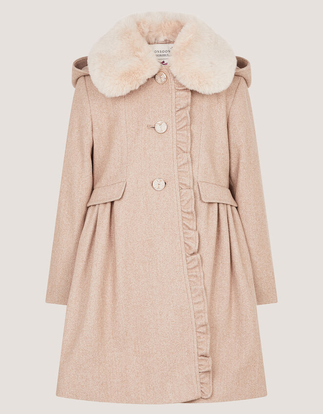 Faux Fur Collar Frill Coat, Camel (OATMEAL), large