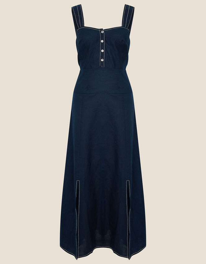 Contrast Stitch Dress in Linen Blend  , Blue (NAVY), large