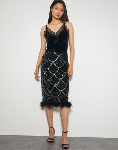 Sira Sequin Feather Pencil Skirt, Black (BLACK), large