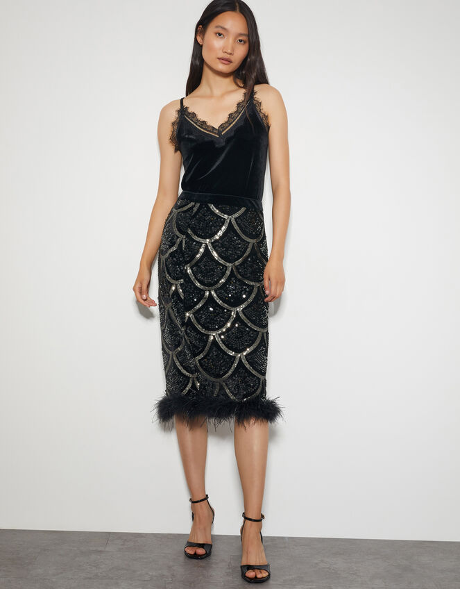 Sira Sequin Feather Pencil Skirt, Black (BLACK), large