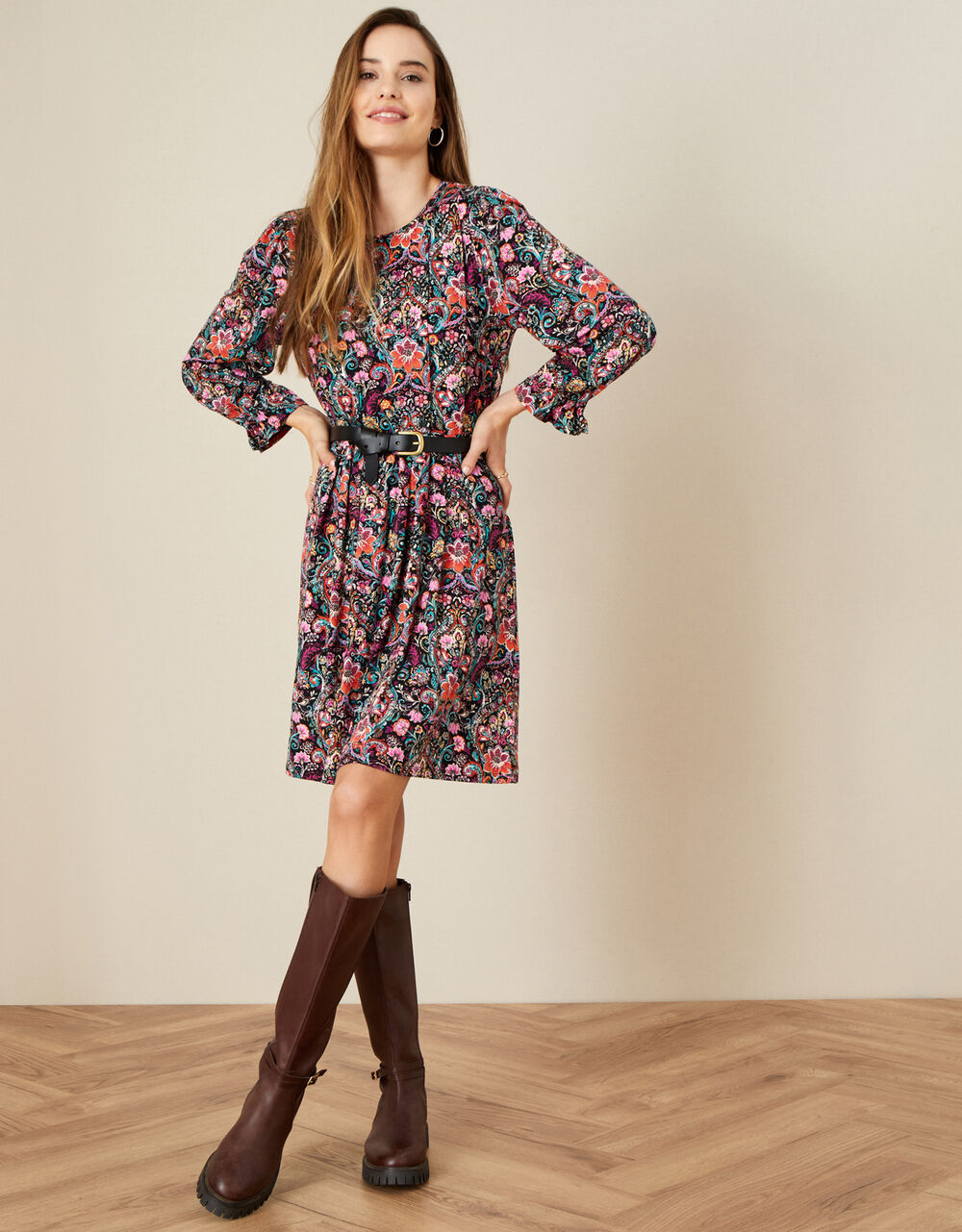 Jersey Satin Combo Pleated T-Shirt Dress main image 0