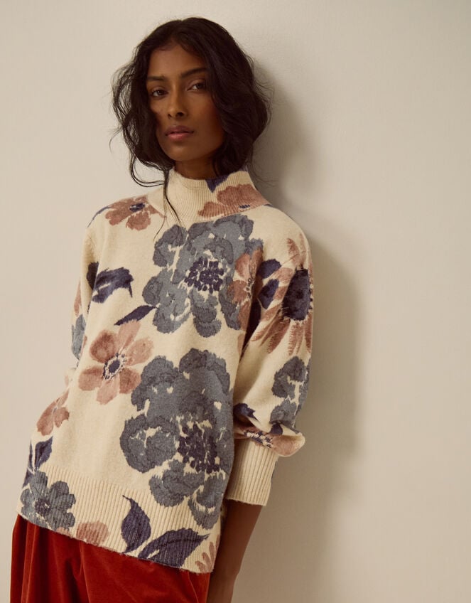 Olive High Neck Floral Jumper, Ivory (IVORY), large